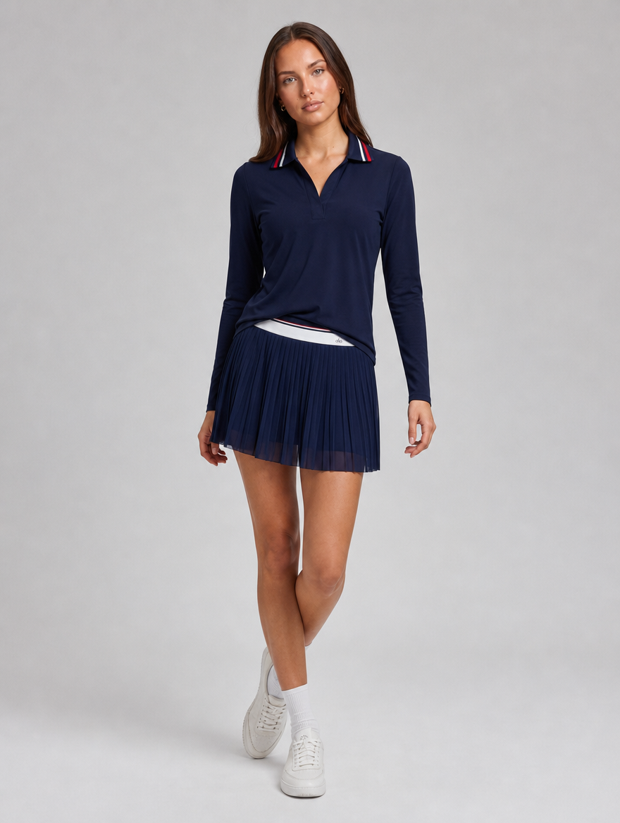 Court Polo Skirt in Navy Blue, full length with the matching long-sleeve polo