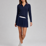 Court Polo Skirt in Navy Blue, full length with the matching long-sleeve polo