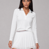 Court Polo Skirt in White, front view with the matching long-sleeve polo