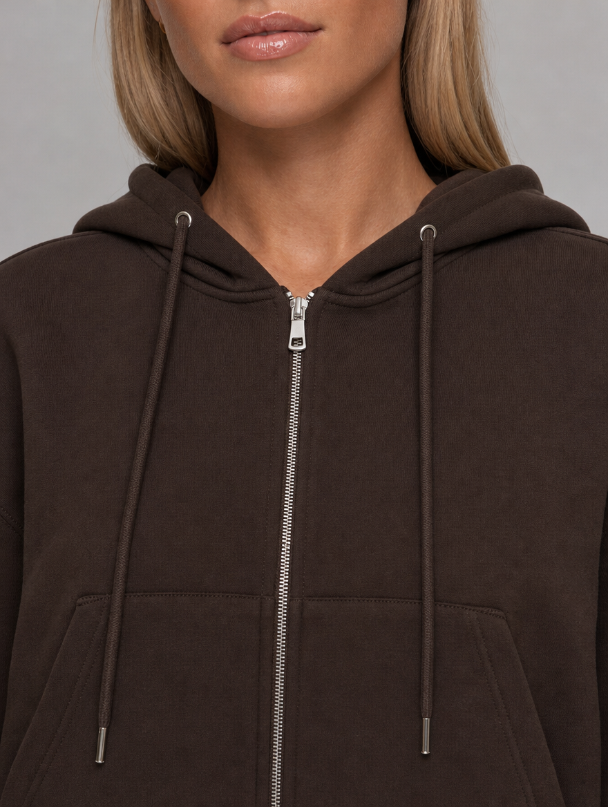 Off-Court Zip Hoodie in Pecan Brown, zip and hood detail