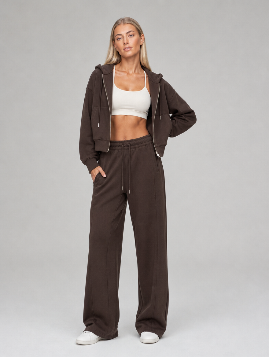 Off-Court Zip Hoodie in Pecan Brown, worn open