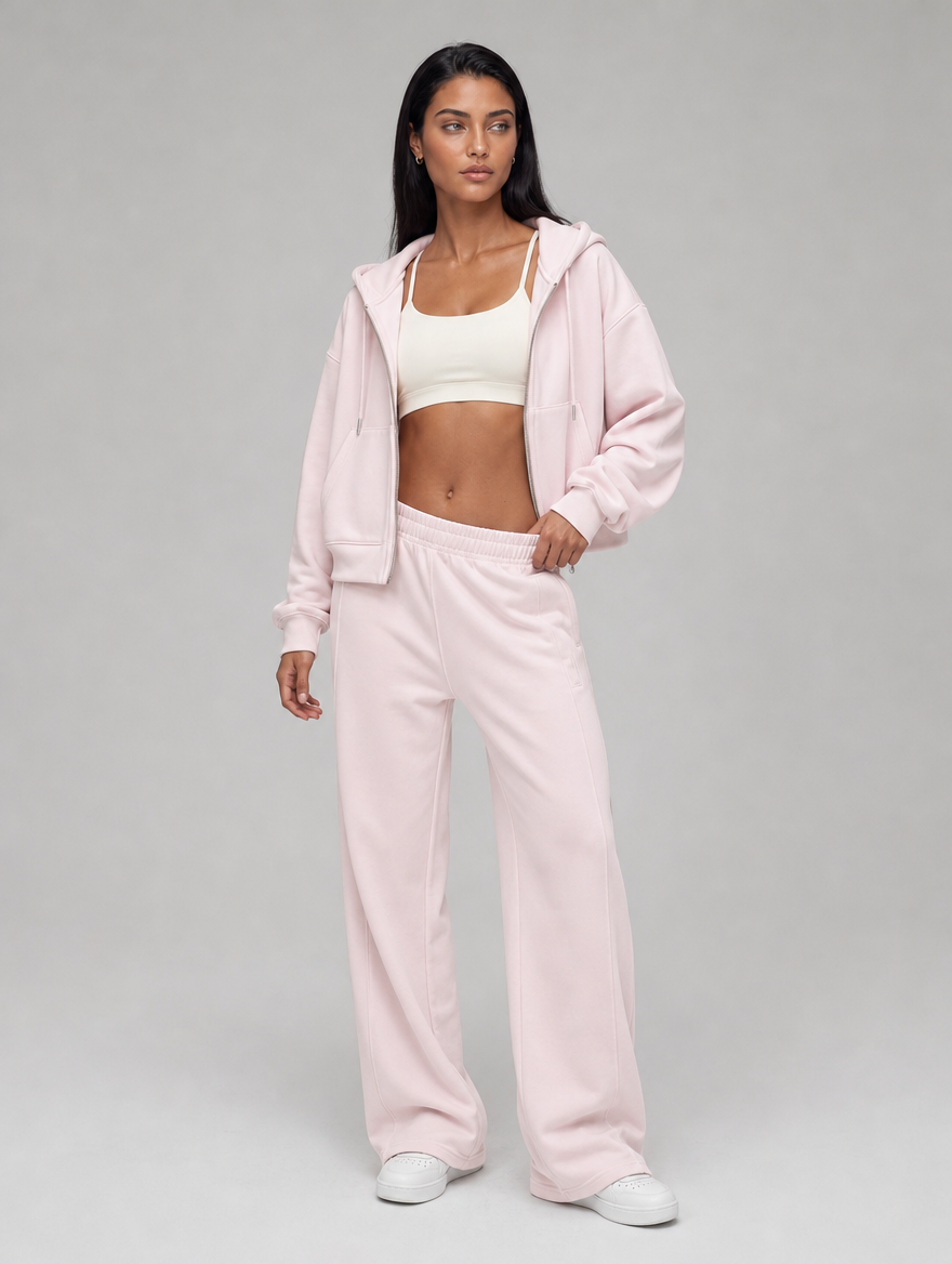 Off-Court Wide Sweatpants in Soft Pink, with the hoodie open