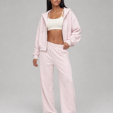 Off-Court Wide Sweatpants in Soft Pink, with the hoodie open