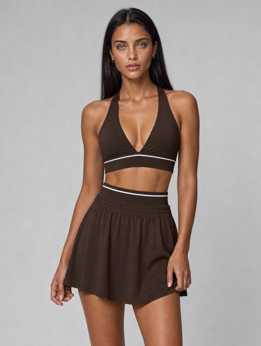 Court Skort in Pecan Brown with the Court Halter Bra